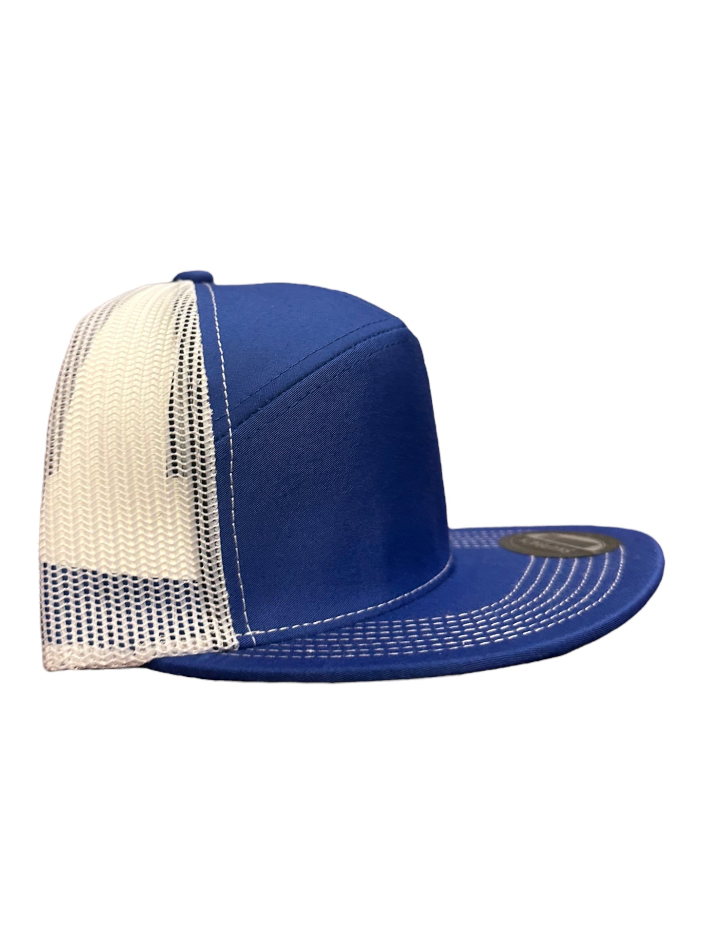 White and blue 5 panel trucker hat