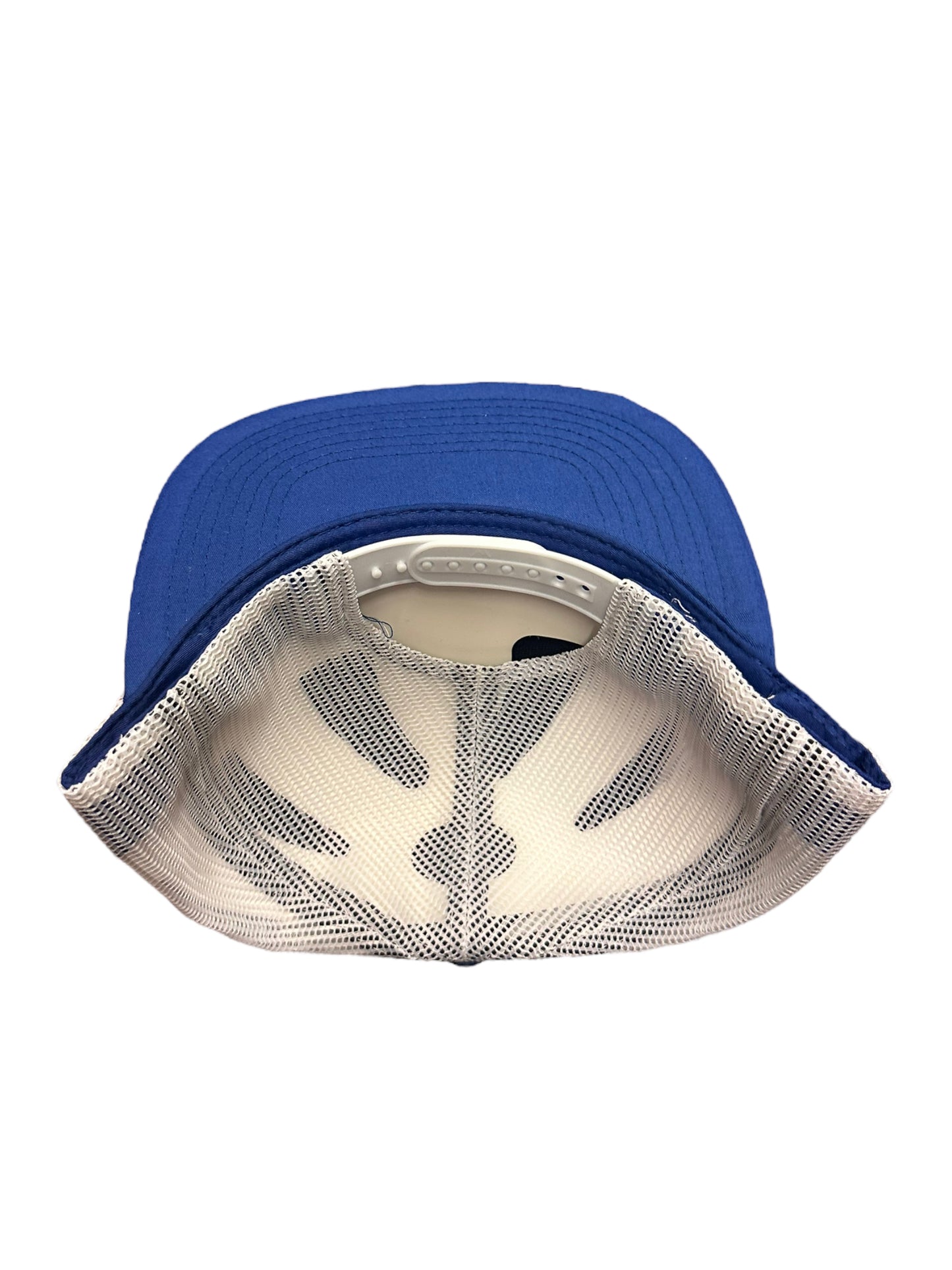 White and blue 5 panel trucker hat