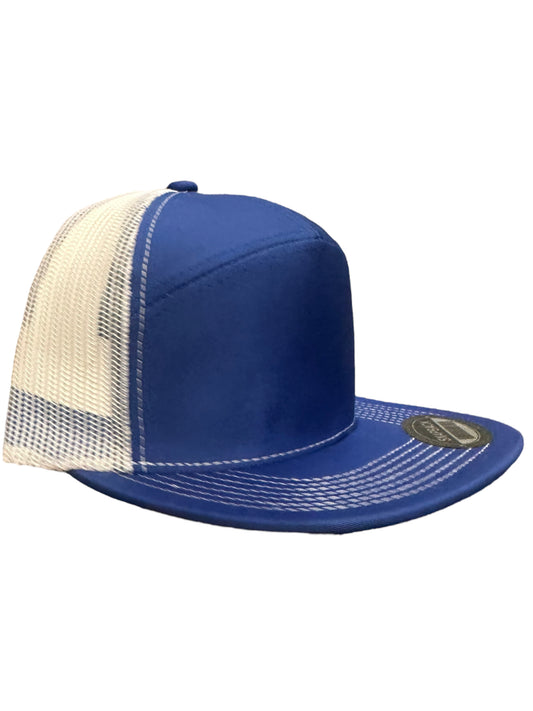 White and blue 5 panel trucker hat