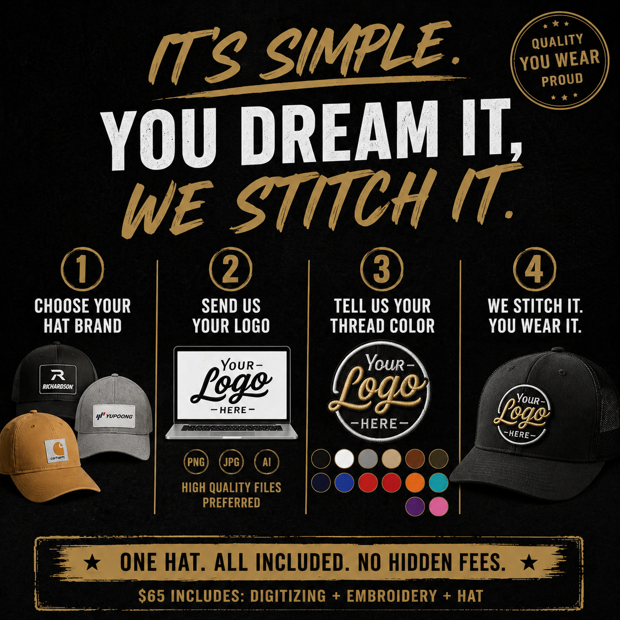 1 Custom Embroidered Hat – Single Hat $65 (Logo, Digitizing, Hat Included)