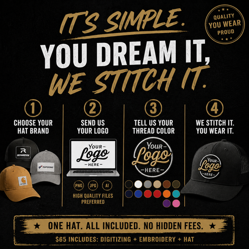 1 Custom Embroidered Hat – Single Hat $65 (Logo, Digitizing, Hat Included)