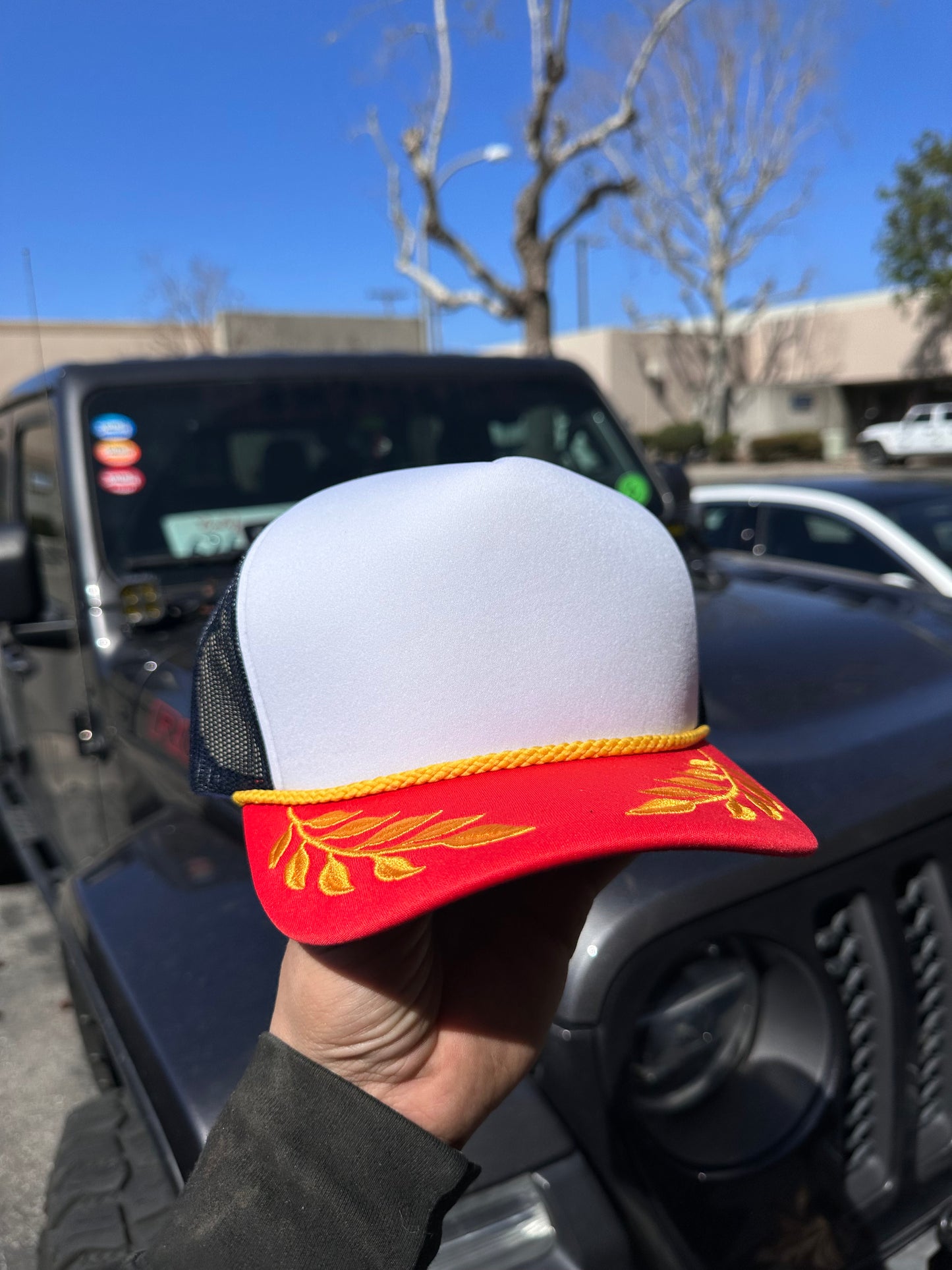 Red Navy and white trucker hats
