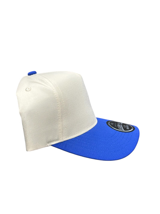 Cream and royal blue with Mexico flag under brim A-frame snapback