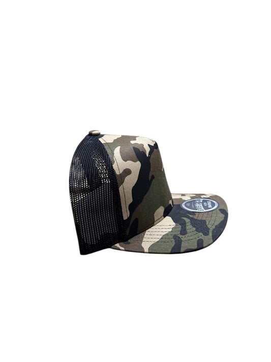 Camouflage green and black Mexico under brim flag trucker hat